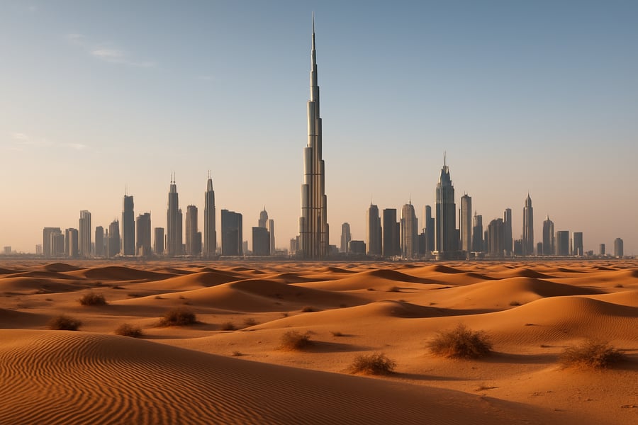 Dubai skyline with iconic Burj Khalifa and desert landscape