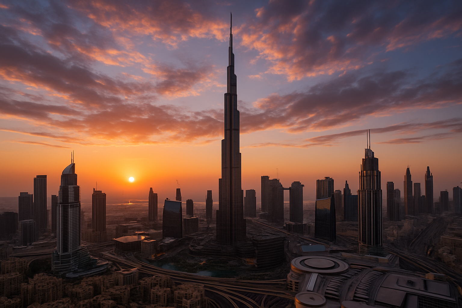 Stunning view of Burj Khalifa and Dubai skyline at sunset